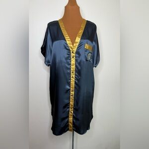 Vintage Val Mode Silky Extra Long Nightshirt Button Front Black Gold Size Med